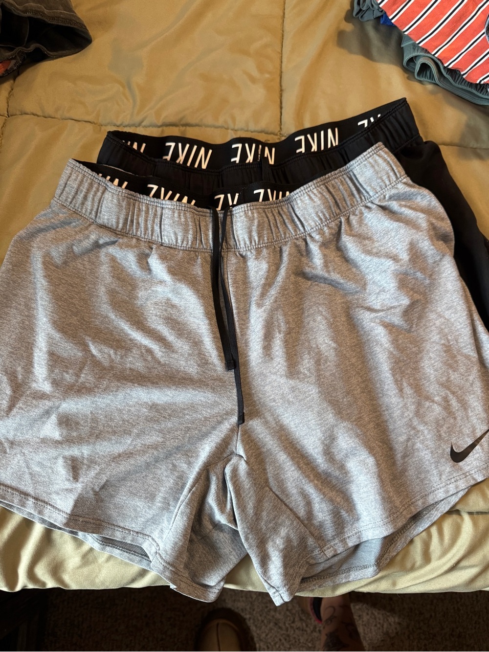 Nike Women’s Grey Athletic Shorts with Black Waistband and Logo